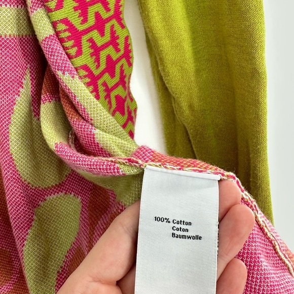 Neve Bright Pink Green Geometric Cotton Open Cardigan Sweater L Boho Mod - Picture 4 of 6